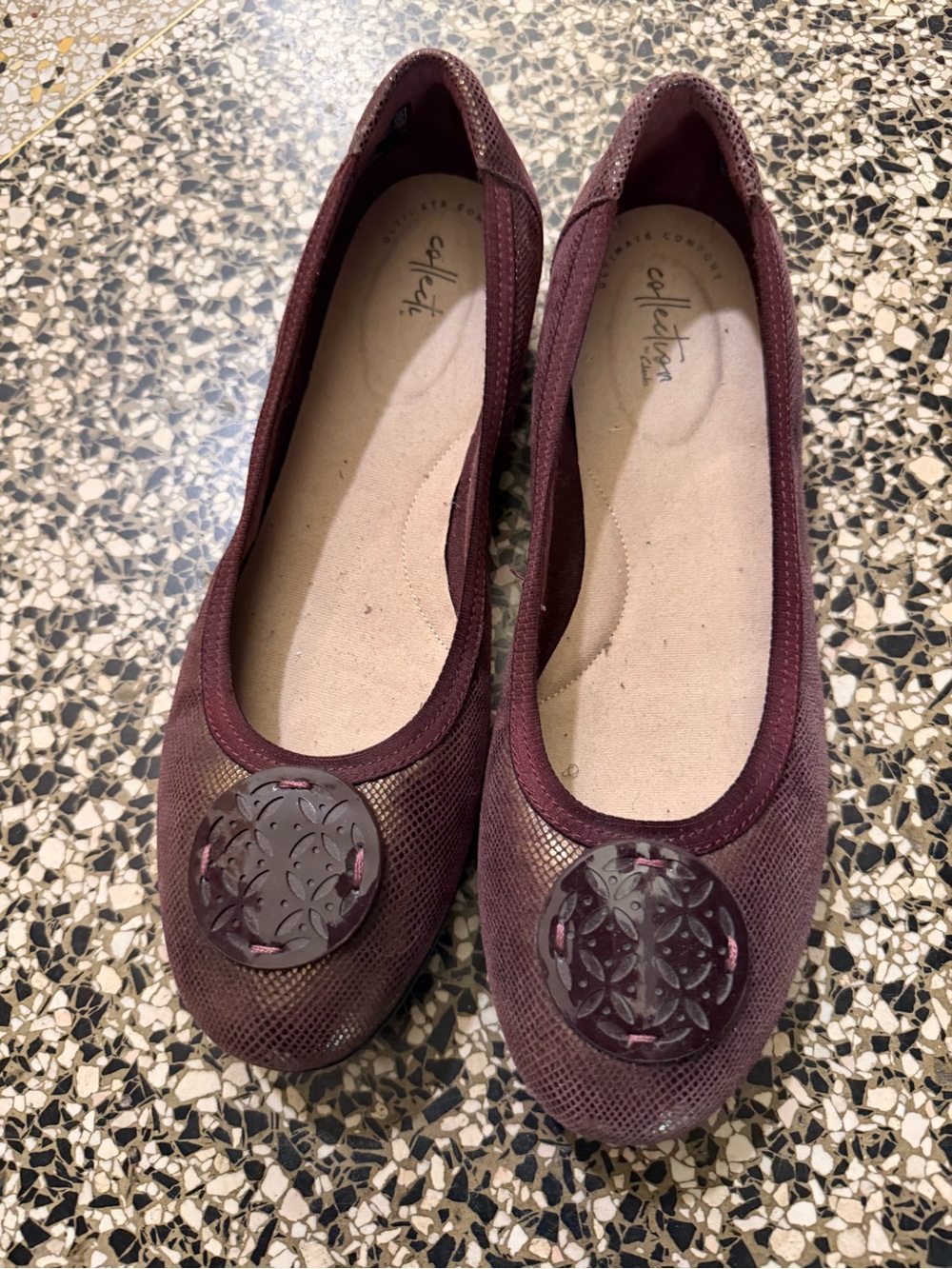 Clarks Burgundy Women's Slip-On Ballet Flats with Decorative Medallion